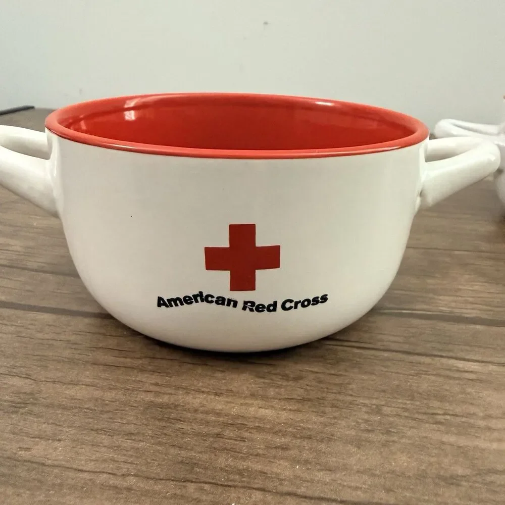 American Red Cross Soup Bowls Set of 2 Double Handled White Red Ceramic Vintage
